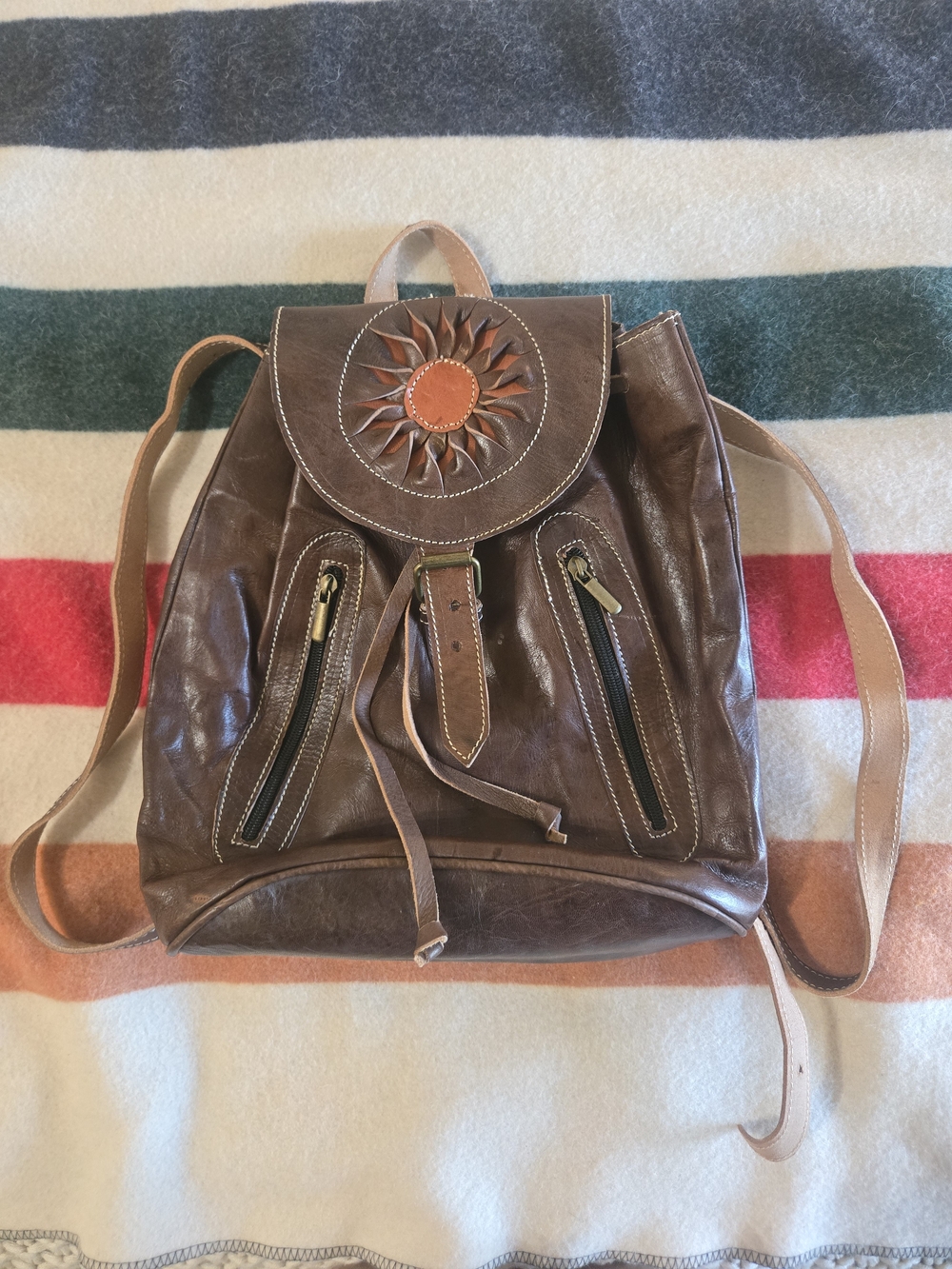 Brown Leather Sunburst Accent Backpack Purse